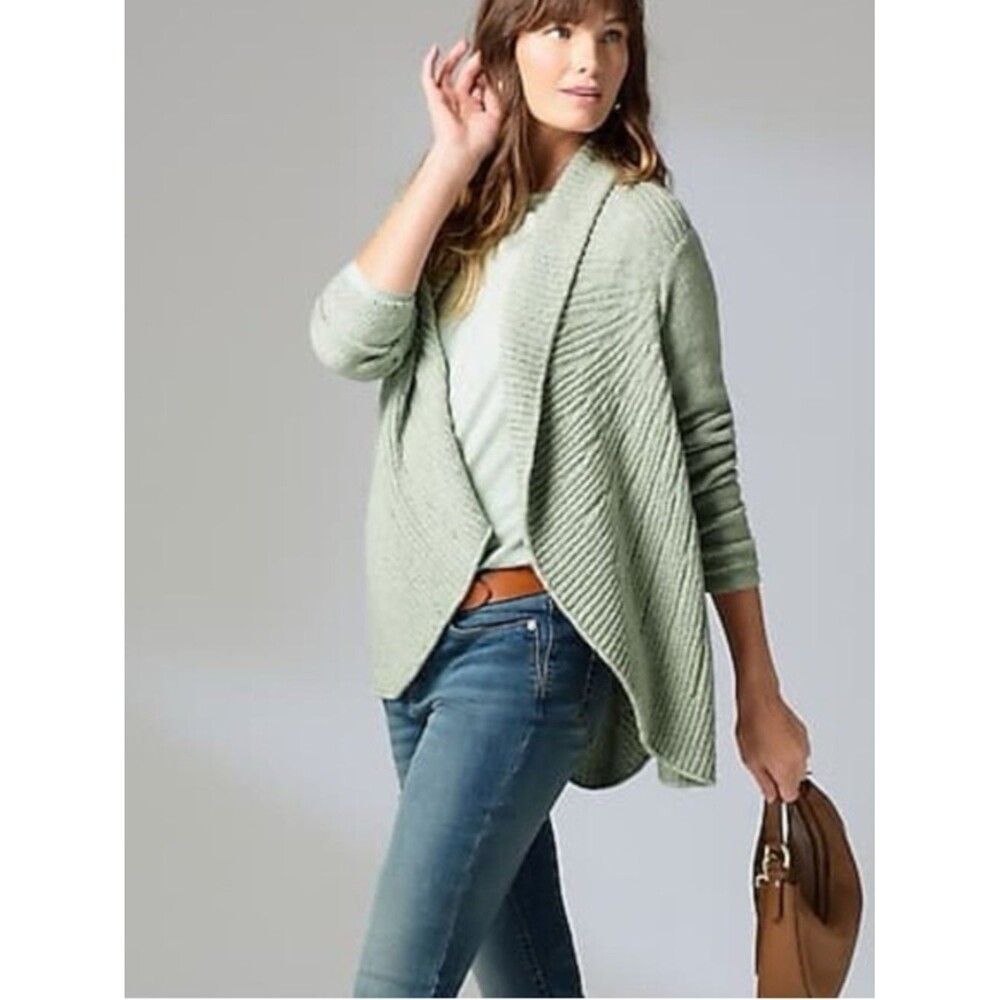 J. Jill Pure Jill Open-Front Draped Cotton Chunky Knit Cardigan Sage Green Sz MP